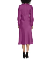 Maggy London Long Sleeve Satin Twisted V-Neck Knotted Midi Dress