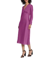 Maggy London Long Sleeve Satin Twisted V-Neck Knotted Midi Dress