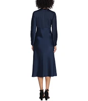 Maggy London Long Sleeve Satin Twisted V-Neck Knotted Midi Dress