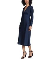 Maggy London Long Sleeve Satin Twisted V-Neck Knotted Midi Dress