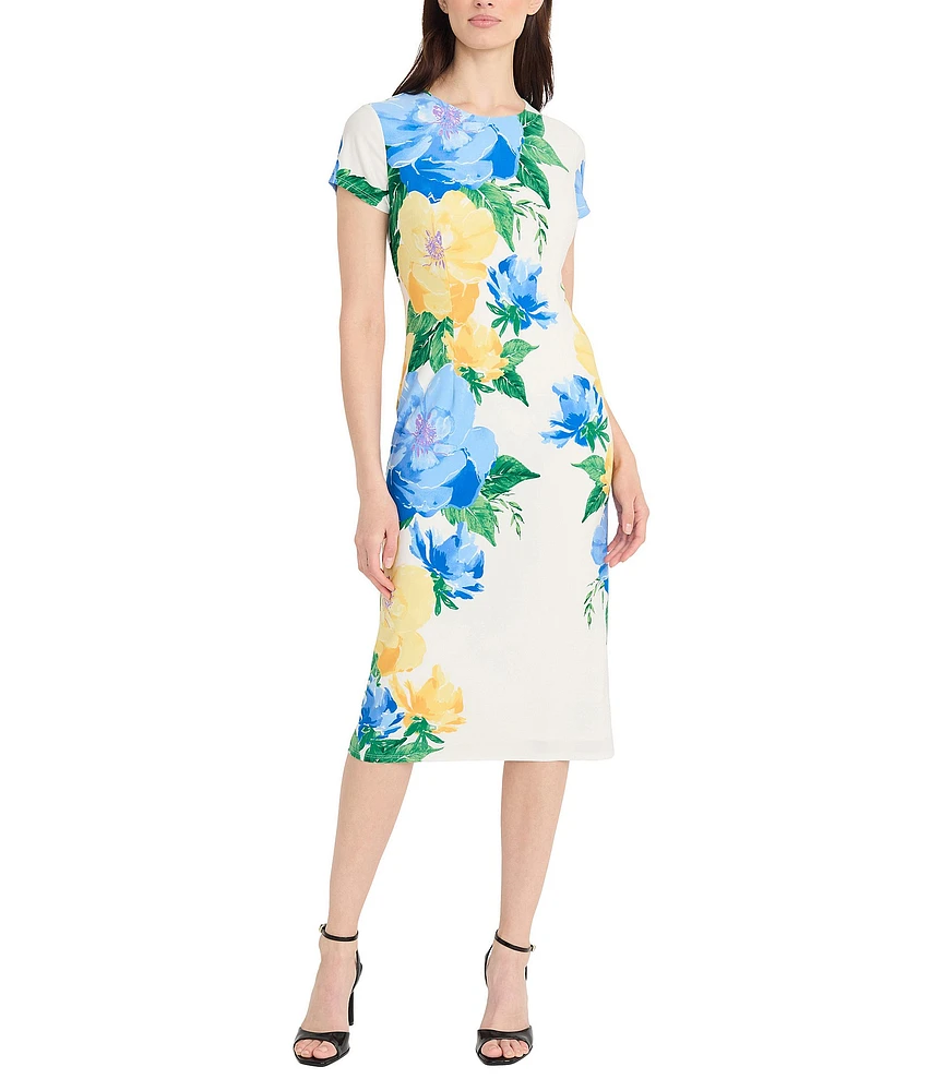 Maggy London Matte Jersey Floral Placement Print Crew Neck Short Sleeve Midi Dress