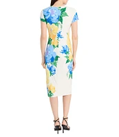 Maggy London Matte Jersey Floral Placement Print Crew Neck Short Sleeve Midi Dress