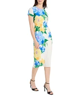 Maggy London Matte Jersey Floral Placement Print Crew Neck Short Sleeve Midi Dress