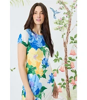 Maggy London Matte Jersey Floral Placement Print Crew Neck Short Sleeve Midi Dress