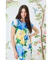 Maggy London Matte Jersey Floral Placement Print Crew Neck Short Sleeve Midi Dress