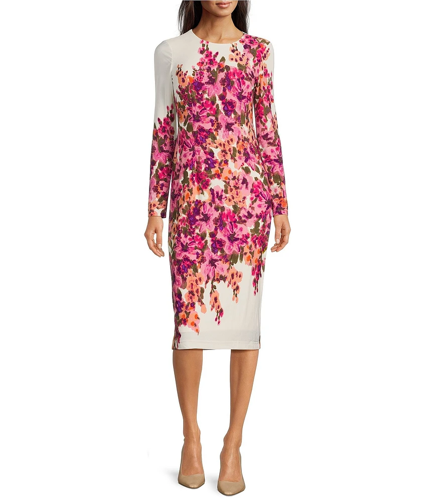 Maggy London Matte Jersey Floral Print Crew Neck Long Sleeve Sheath Midi Dress