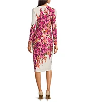 Maggy London Matte Jersey Floral Print Crew Neck Long Sleeve Sheath Midi Dress