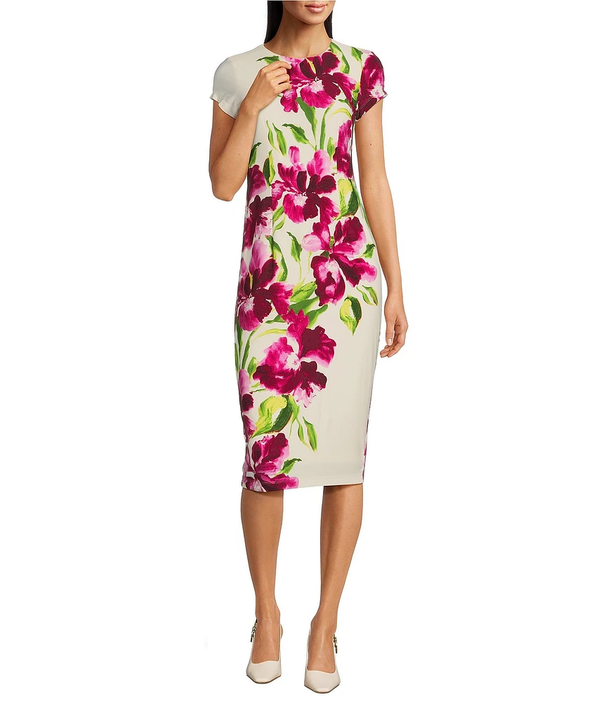 Maggy London Matte Jersey Floral Print Crew Neck Short Sleeve Sheath Midi Dress