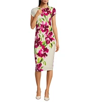 Maggy London Matte Jersey Floral Print Crew Neck Short Sleeve Sheath Midi Dress