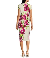 Maggy London Matte Jersey Floral Print Crew Neck Short Sleeve Sheath Midi Dress