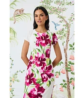 Maggy London Matte Jersey Floral Print Crew Neck Short Sleeve Sheath Midi Dress