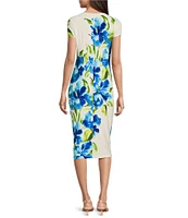 Maggy London Matte Jersey Floral Print Crew Neck Short Sleeve Sheath Midi Dress
