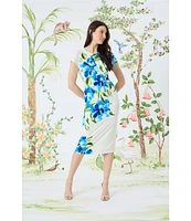 Maggy London Matte Jersey Floral Print Crew Neck Short Sleeve Sheath Midi Dress