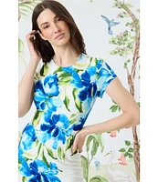 Maggy London Matte Jersey Floral Print Crew Neck Short Sleeve Sheath Midi Dress