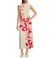 Maggy London Matte Jersey Floral Print Mock Neck Sleeveless Fit and Flare Midi Dress