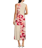 Maggy London Matte Jersey Floral Print Mock Neck Sleeveless Fit and Flare Midi Dress