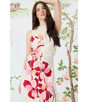 Maggy London Matte Jersey Floral Print Mock Neck Sleeveless Fit and Flare Midi Dress