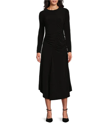 Maggy London Matte Jersey Round Neck Long Sleeve Asymmetrical Gathered Long Dress