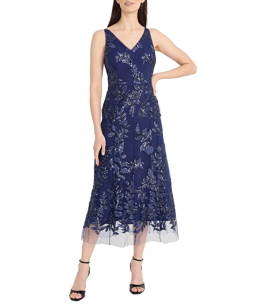 Maggy London Mesh Embroidered Floral Print V Neck Sleeveless Midi Dress