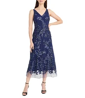 Maggy London Mesh Embroidered Floral Print V Neck Sleeveless Midi Dress