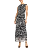 Maggy London Metallic Glitter Knit Boat Neck Sleeveless Side Drape Sheath Midi Dress