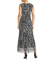 Maggy London Metallic Glitter Knit Boat Neck Sleeveless Side Drape Sheath Midi Dress