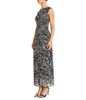 Maggy London Metallic Glitter Knit Boat Neck Sleeveless Side Drape Sheath Midi Dress