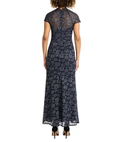 Maggy London Metallic Lace illusion Mock Neck Short Sleeve Long Dress