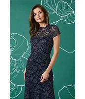 Maggy London Metallic Lace illusion Mock Neck Short Sleeve Long Dress