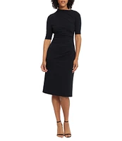 Maggy London Mock Neck Short Sleeve Draped Midi Sheath Dress