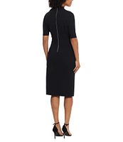 Maggy London Mock Neck Short Sleeve Draped Midi Sheath Dress