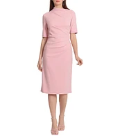 Maggy London Mock Neck Short Sleeve Draped Midi Sheath Dress