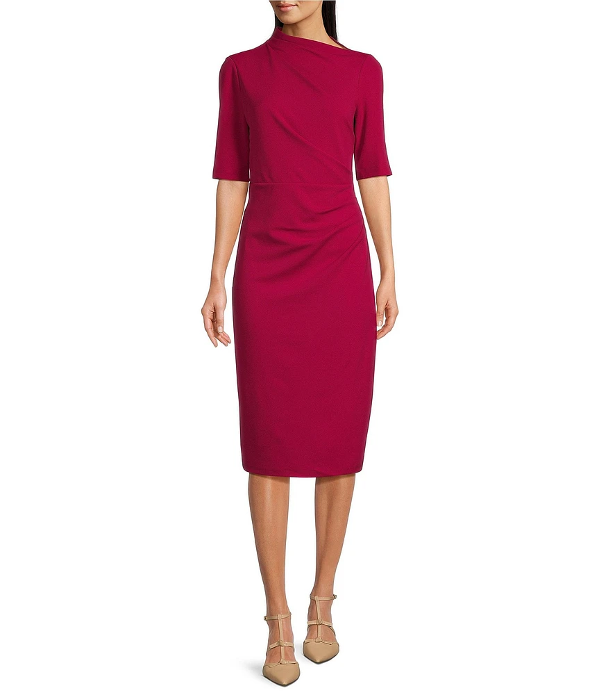 Maggy London Mock Neck Short Sleeve Draped Midi Sheath Dress