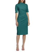 Maggy London Mock Neck Short Sleeve Draped Midi Sheath Dress