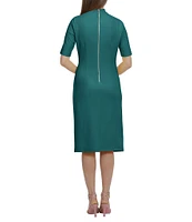 Maggy London Mock Neck Short Sleeve Draped Midi Sheath Dress