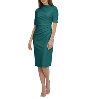 Maggy London Mock Neck Short Sleeve Draped Midi Sheath Dress