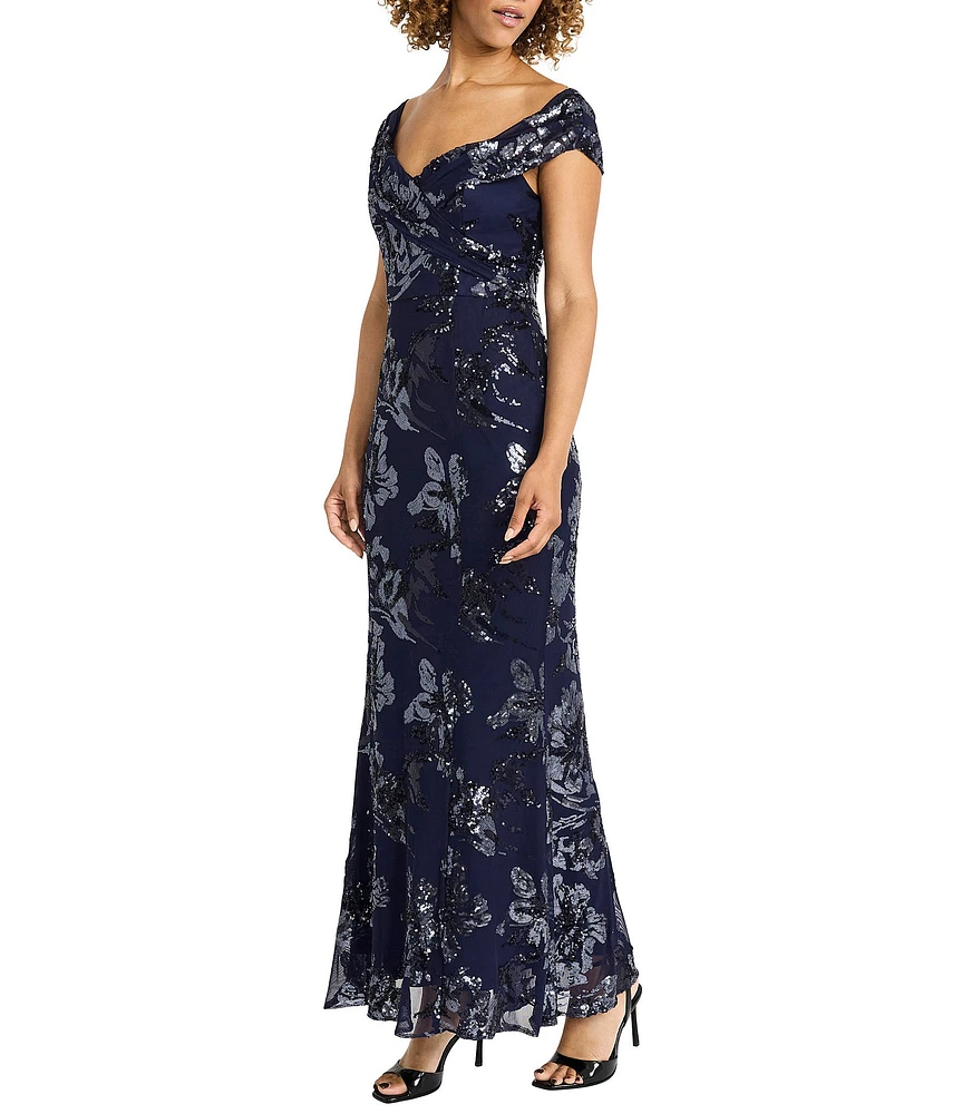 Maggy London Off-The-Shoulder Floral Sequin Mesh Gown