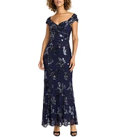 Maggy London Off-The-Shoulder Floral Sequin Mesh Gown