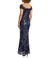 Maggy London Off-The-Shoulder Floral Sequin Mesh Gown