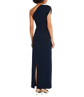 Maggy London One Shoulder Tulip Sleeve Crepe Column Gown
