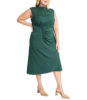 Maggy London Plus Size Bubble Jacquard Mock Neck Sleeveless Waist Shirring Sheath Midi Dress