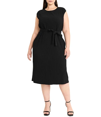 Maggy London Plus Size Crew Neck Cap Sleeve Tie Sash Micro Pleated Knit Crepe Sheath Dress