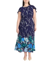 Maggy London Plus Size Crew Neck Flutter Sleeve Back Ruffle Georgette A-Line Midi Dress