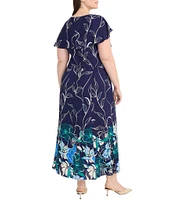 Maggy London Plus Size Crew Neck Flutter Sleeve Back Ruffle Georgette A-Line Midi Dress