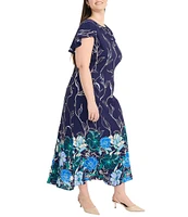 Maggy London Plus Size Crew Neck Flutter Sleeve Back Ruffle Georgette A-Line Midi Dress