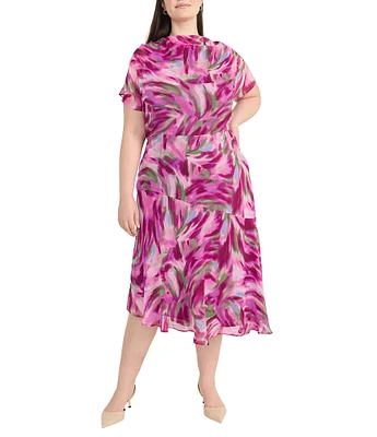 Maggy London Plus Size Crew Neck Short Sleeve Asymmetric Midi Dress