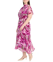 Maggy London Plus Size Crew Neck Short Sleeve Asymmetric Midi Dress