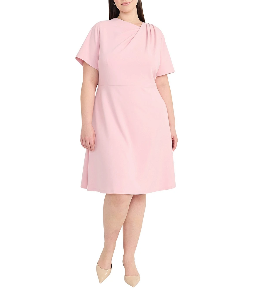 Maggy London Plus Size Drape Crew Neck Short Sleeve Scuba Crepe Fit and Flare Dress