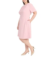 Maggy London Plus Size Drape Crew Neck Short Sleeve Scuba Crepe Fit and Flare Dress