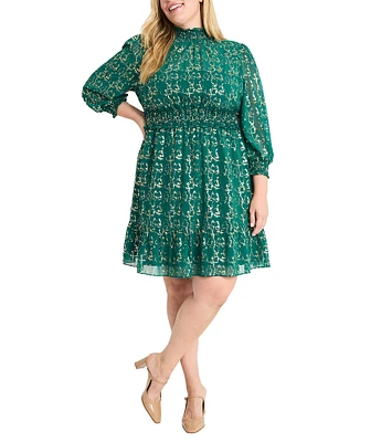 Maggy London Plus Size Foil Georgette Turtle Neck Balloon Sleeve Smocked Waist Sheath Dress